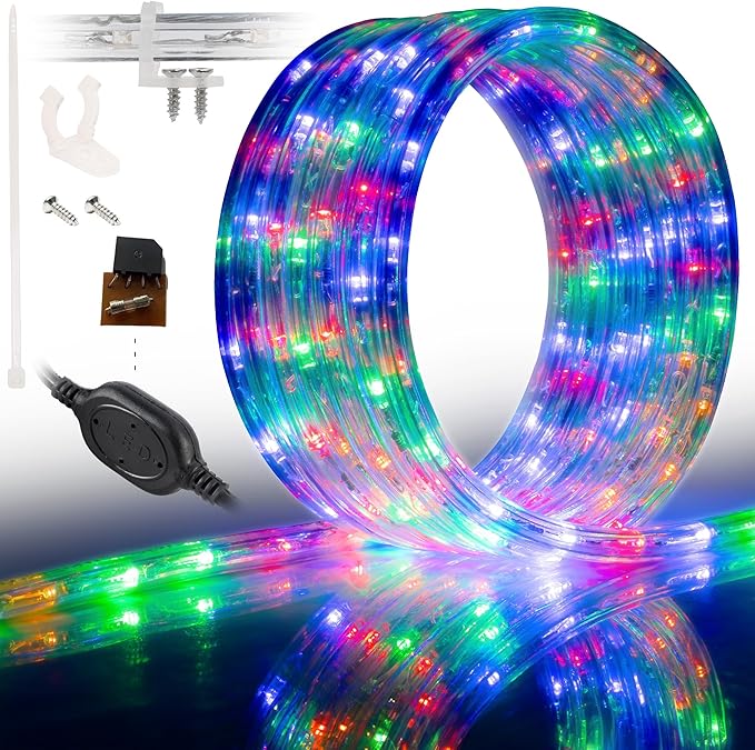 WYZworks 108LEDs, 10ft LED Outside Rope Lights, Waterproof Permanent Outdoor ETL Certified Connectable Clear Tube, Christmas Palm Tree Holiday Decorative Landscape Patio Accent Lighting - Colorful