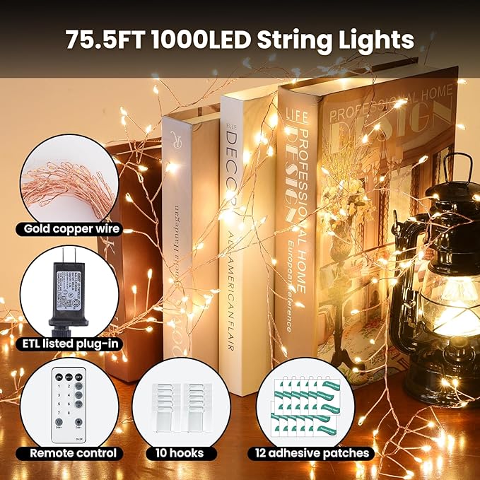 Dailyart Fairy Lights Plug in, 1000 Led Fairy Lights with Remote 75Ft Super Long Warm with Timer Small Twinkle Light Waterproof String Light for Bedroom Outdoor Indoor,Gold Wire