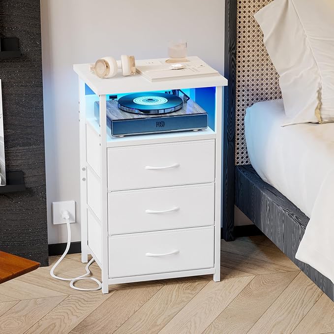 Fixwal White Nightstand with Charging Station, LED Night Stand with 3 Fabric Drawers and Open Shelf, Bedside End Table in Bedroom