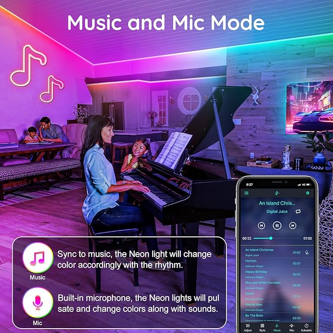 16.4FT LED Neon Rope Lights Waterproof with Smart App Control Remote,DIY Scene Modes,Music Sync hronization,Eaves Lights for Garden Decor,Deck,Christmas