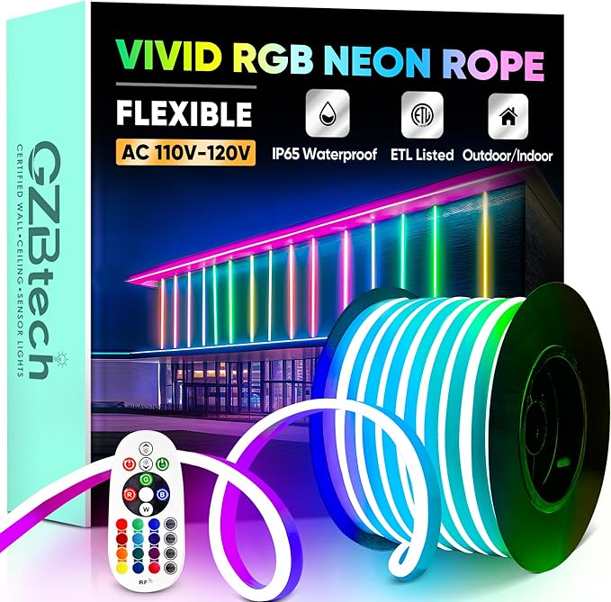 GZBtech RGB LED Neon Rope Lights 66FT/20M, AC 110-120V Waterproof Color Changing LED Rope with Remote Control, Dimmable Multi Color Strip Lighting for Indoor Outdoor Commercial Use, ETL Listed