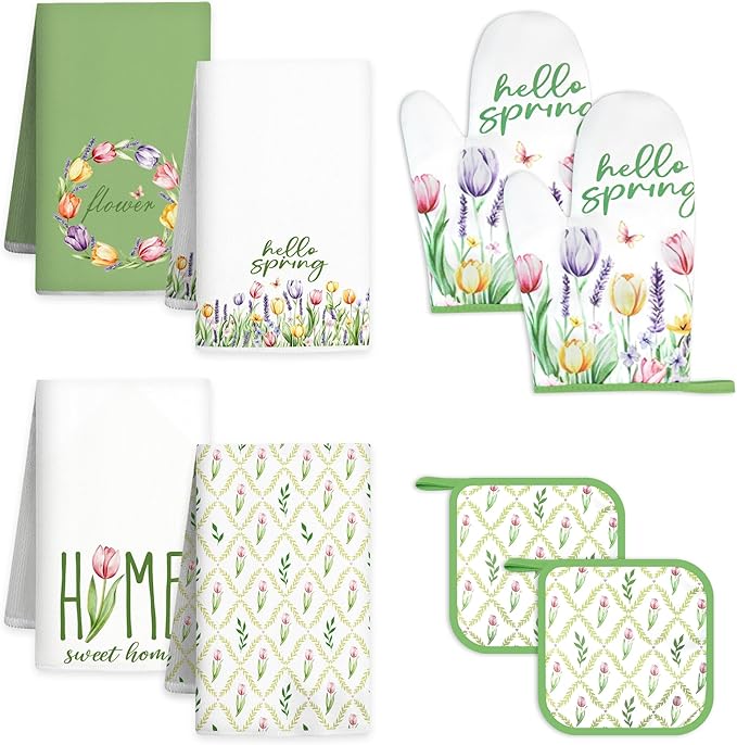 8 Pcs Tulip Floral Spring Style Kitchen Towels and Oven Mitts and Pot Holders Sets 4 Dish Towels 2 Absorbent Square Potholders 2 Heat Resistant Glove for Cooking Baking Home Gifting ﻿