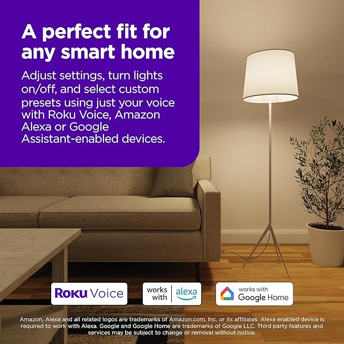 Roku Smart Light Bulbs (White, 4-Pack) - Dimmable A19 Lightbulbs with Adjustable Brightness & Temperature - WiFi Smart Bulbs Works with Roku Voice, Alexa & Google Assistant, No Hub Required
