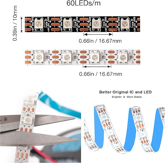 WS2812B RGB LED Strip Individual Addressable Light 16.4FT 60Pixels/m 300Pixels Dream Color SMD 5050 LED Pixel RGB Strip Non-Waterproof DC5V (Black PCB)