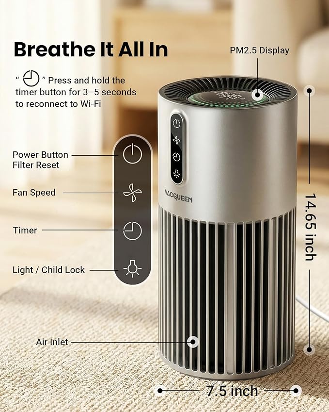 Smart Air Purifiers for Bedroom Home Pets, Timer and Alexa Control, Cover 1800 Ft² with PM2.5 Monitor, WiFi HEPA Air Purifier with Sleep Mode, Washable Filter Air Cleaner for Odors Smoke Dust