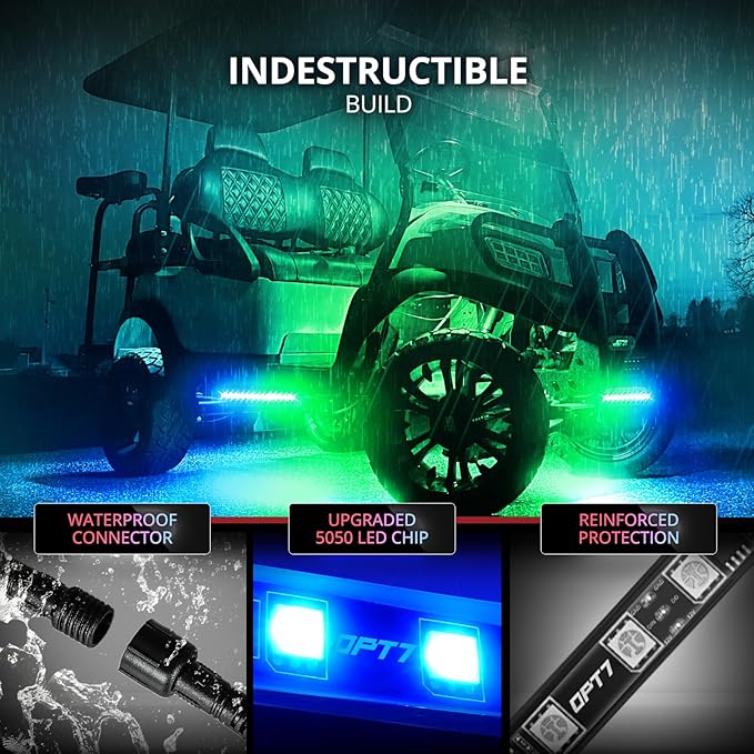 OPT7 12V Aura DreamColor Golf Cart Underglow LED Light Kit with App & Remote Control, 4PC Waterproof Multicolor Light Strips, Music Neon Accent Chasing Lighting for EZGO Yamaha Club Car, Easter Gift