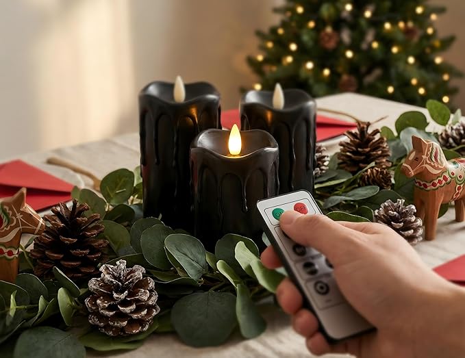 Black Flameless Pillar Candles Flickering with Remote Timer, Battery Operated LED Candles Up to 400 Hours, 3D Moving Flame Real Wax Candles(Black with Dripping Tear)