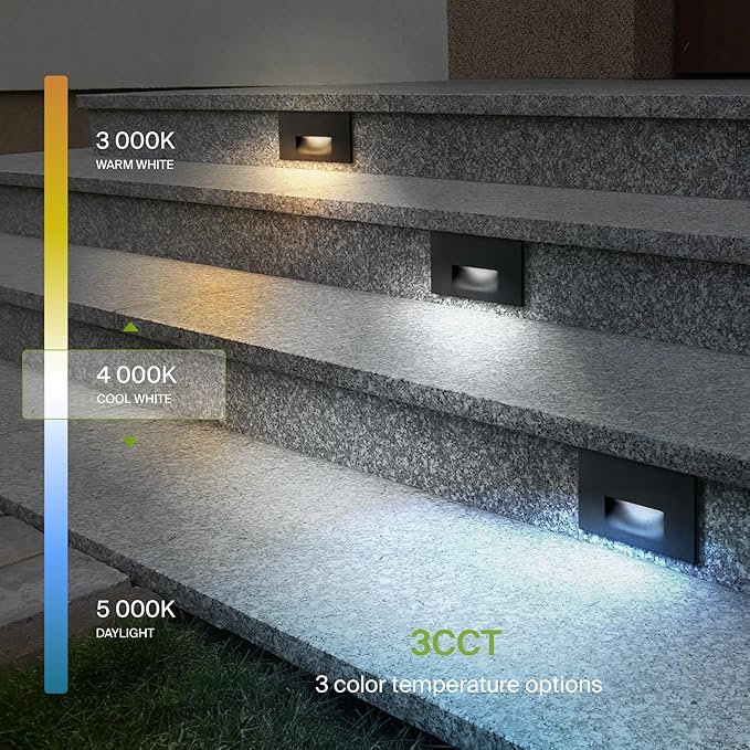 ASD LED Recessed Step Light Fixture, Outdoor & Indoor Stair Tread Lighting | 3CCT, Dimmable, Waterproof, ETL Listed | 3W 120LM 3000K-5000K 120V | Staircase Hardwired Illumination | Black, 24 Pack