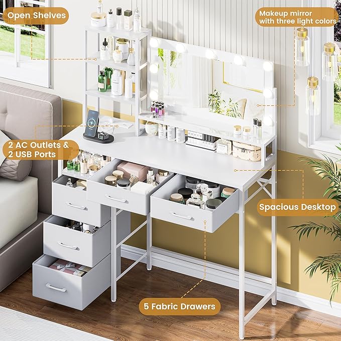 Vanity Desk with Mirror, 9 Lights, 3 Color Modes with Adjustable Brightness, 5 Spacious Fabric Drawers & Storage Shelves, Makeup Vanity with Power Outlets, Modern Vanity Table for Bedroom, White