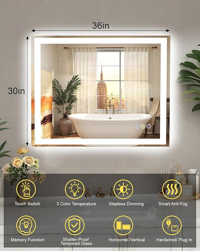 30x36 LED Bathroom Mirror with Lights, Super Bright Front & Backlit Vanity Mirror for Wall, Anti-Fog & Memory Smart Mirror, 5mm Shatter-Proof Tempered Glass, ETL Listed, Vertical/Horizontal