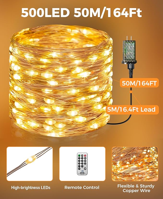 Plug-in Fairy Lights, 164 Ft 500 LED String Light with Remote, 8 Modes, Timer and Dimming Twinkle Lights for Indoor, Bedroom, Party, Decoration, Holiday, Warm White