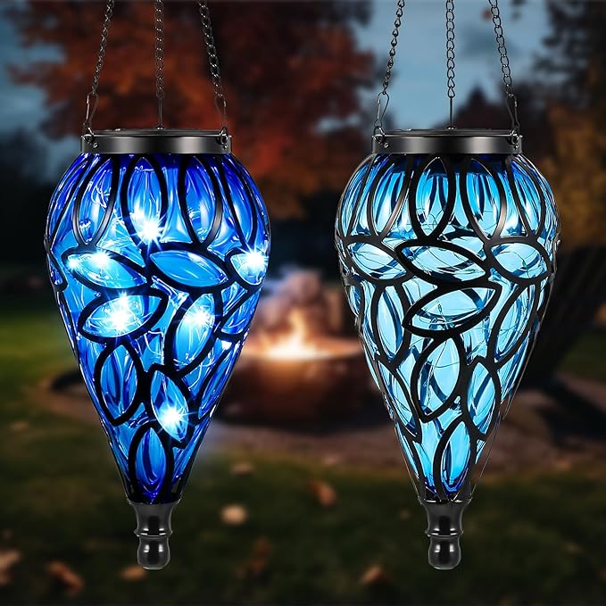 2 Set Solar Hanging Lantern Lights Outdoor Chandelier Moroccan Hanging Solar Light Tear-Shaped 15 LEDs Cool White with S Hooks for Summer Garden Yard Pathway Landscape Porch Decor(Blue)