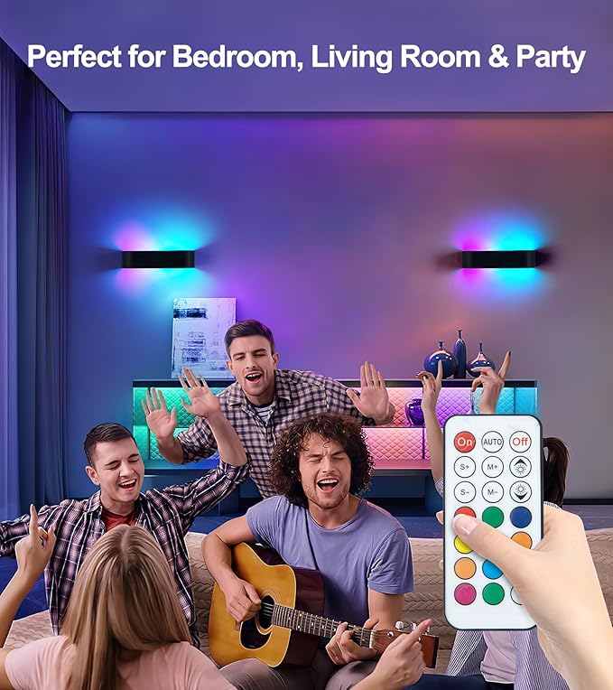 2Pcs RGB Wall Light with Remote Control, LED Indoor Wall Sconce, 6000mAh Rechargeable Battery Powered Wall Lamps, 12 Colors Wireless Wall Lamp for Bedroom Living Room Decor