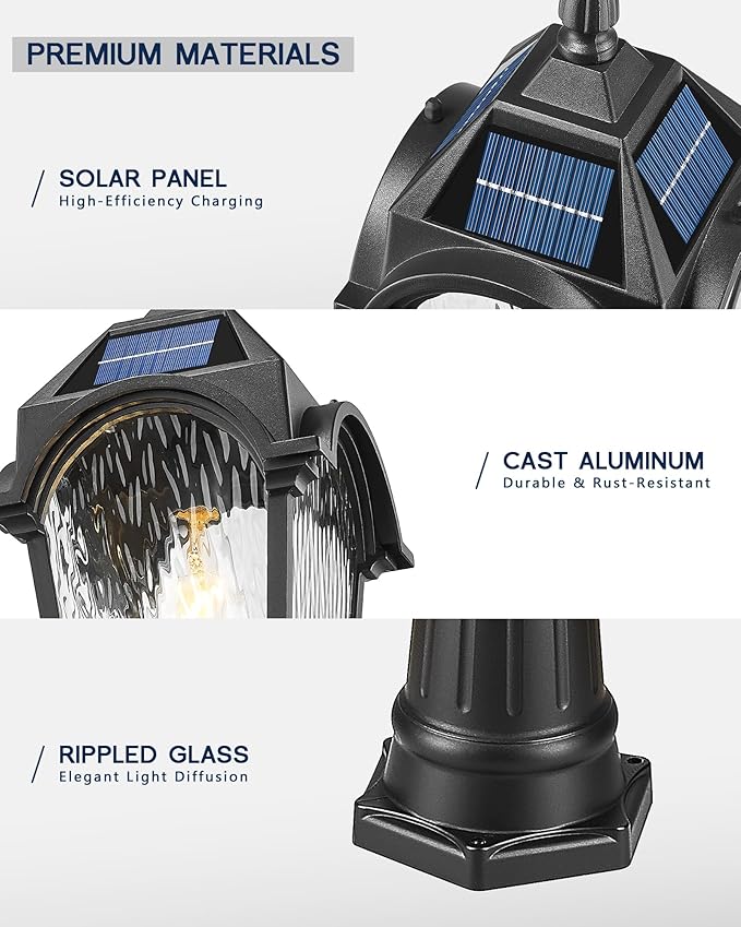 FEMILA Solar Lamp Posts Outdoor Lighting, 85.4" Aluminum Glass Outdoor Pole Lights, Dusk to Dawn Solar Street Light with Remote Control for Yard Garden Driveway, 4FYX95PL-SL BK