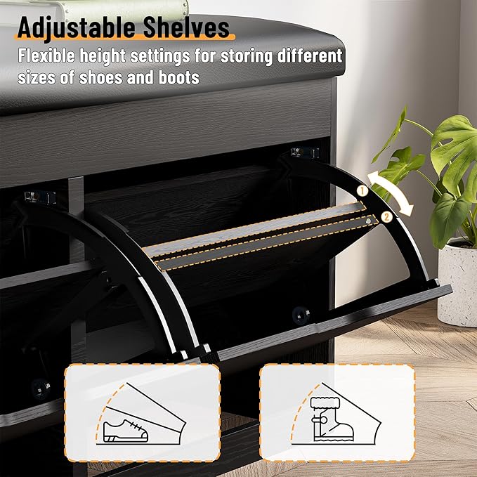 40" Shoe Storage Bench with 2 Flip Drawers & Padded Seat Cushion, Shoe Cabinet with Lift Top Storage Box, Shoe Bench Shoe Organizer for Entryway, Hallway, Living Room, Black