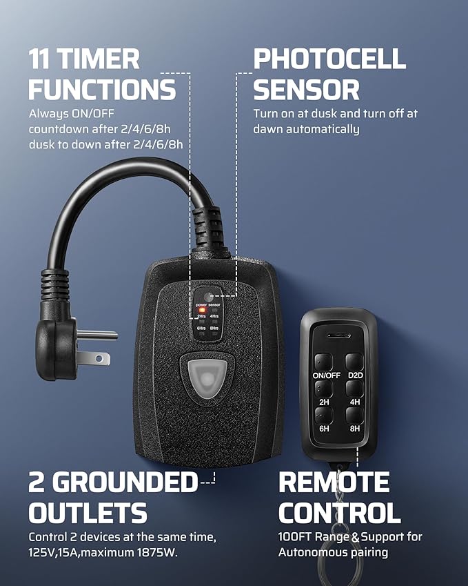 DEWENWILS Outdoor Timer Outlet Waterproof with 11 Modes, Outdoor Light Timer, 100FT Remote Control, for Outdoor Lights, Pump, Sprinkler, Fountain