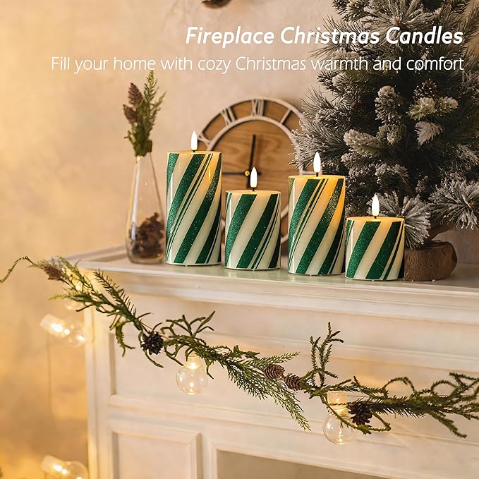 Green Striped Flameless Pillar Candles with Remote Set of 4, Battery Operated Real Wax LED Candy Cane Candles, Perfect for Christmas Window, Dinner & Holiday Xmas Decor