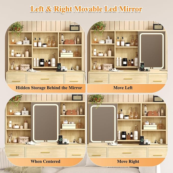 47'' W Large Vanity Desk with Mirror and Lights, 8 Storage Shelves 7 Drawers Vanity Table, Big Makeup Vanity Desk with 3 Lighting Modes, Vanity Dresser with Charging Station, Sliding Mirror (Natural)