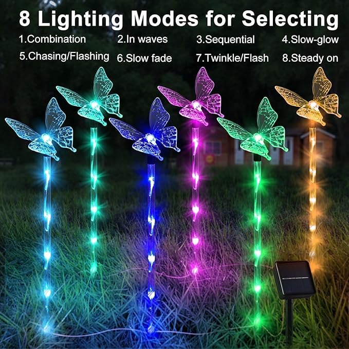 Set of 6 Arcylic Solar Lights for Outside, Solar Powered Garden Decorations with 8 Lighting Modes, Outdoor Waterproof Pathway Lights for Yard, Patio Plant Pot, Flower Bed (Butterfly)