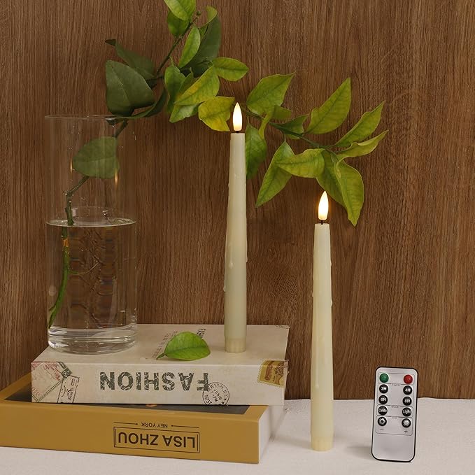 Ivory Flameless Taper Candles with Remote and Timer, 9.68" Battery Operated Candle with Flickering Flame, Led Flameless Candlesticks for Christmas Tables, Weddings & Dining Table Centerpieces, 2 Pack