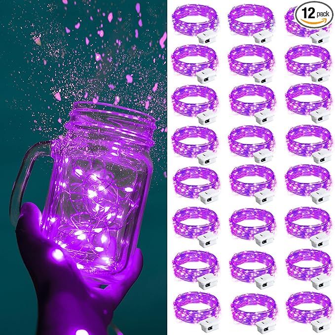 ZGWJ Fairy Lights Battery Operated, 24 Pack Purple Twinkle String Lights 20 LED 7FT Mason Jar Lights 3 Lighting Modes for Bedroom, Halloween, Christmas, Party Wedding Indoor and Outdoor Decoration