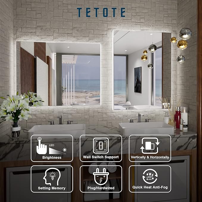 TETOTE 24x32 LED Backlit Mirror Bathroom with Light,3Color White/Warm/Natural,Anti-Fog Lighted Mirror,Dimmable,Vanity Mirror,Wall Mounted