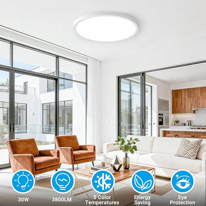 LED Flush Mount Ceiling Light,15Inch 30W,3000K/3500K/4000K/5000K/6500K 5 Color Temperatures Ceiling Light Fixture for Kitchen Porch Hallway Bedroom Bathroom and Closet,White