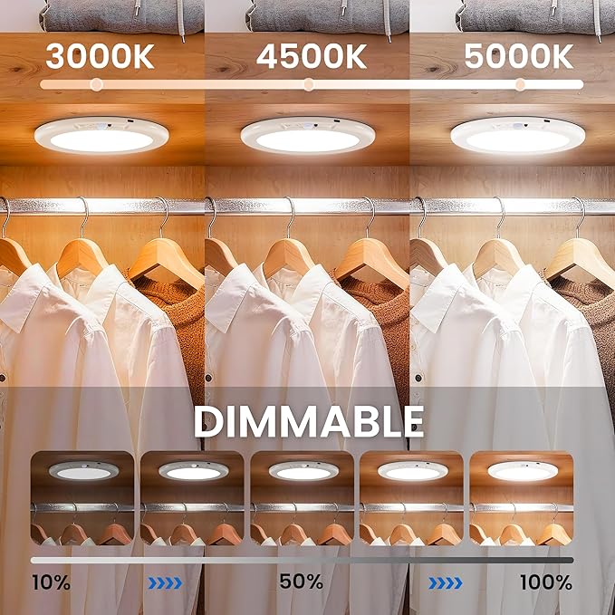 KINDEEP Rechargeable Motion Sensor Ceiling Light with Remote: Battery Operated Ceiling Light Wireless Indoor for Closets Shower, Closet, Stairs, Hallway, Pantry, 3 Color Temperatures Dimmable, 1Pack