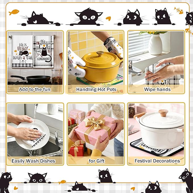 8 PCS Black Cat Decor Kitchen Decor and Accessories - 4 Dish Towels Set 2 Oven Mitts and Pot Holders Sets for Cat Lover Cooking Baking Cute Kitty Kitten Plaid Lightweight Housewarming Gifts
