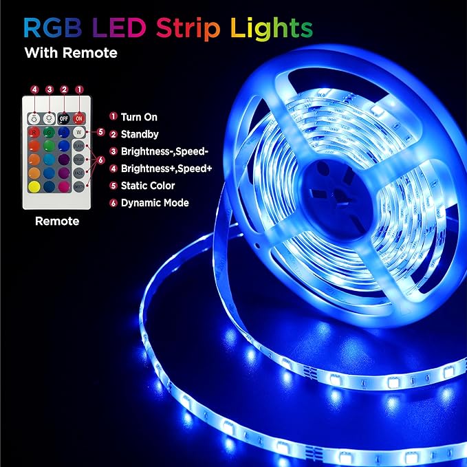 LED Strip Lights, 16.4FT / 5M RGB Light Strip with Remote & Power Supply, PU Coating ETL 12V DC Adapter Color Changing Strip Lights for Bedroom, Kitchen, Monitor, TV, Home Decor