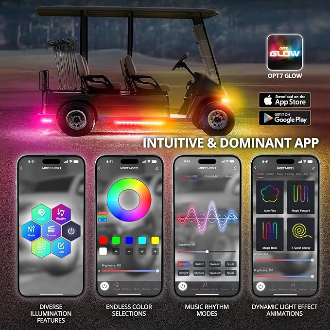 OPT7 12V Aura DreamColor Golf Cart Underglow LED Light Kit with App & Remote Control, 4PC Waterproof Multicolor Light Strips, Music Neon Accent Chasing Lighting for EZGO Yamaha Club Car, Easter Gift