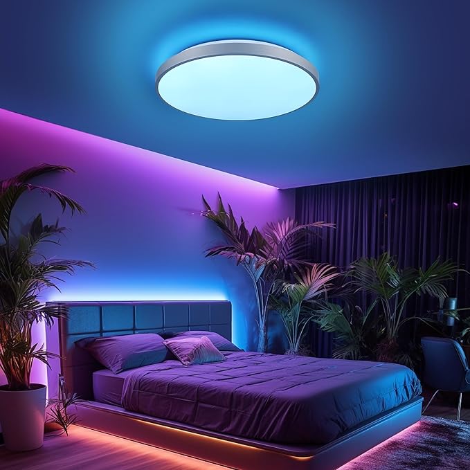 HOREVO LED Bluetooth Ceiling Light with Speaker Remote Control‌ Dimmable RGB Color Changing, Modern Flush Mount for Living Room, Bedroom, Kitchen, Laundry，Silver 16inch