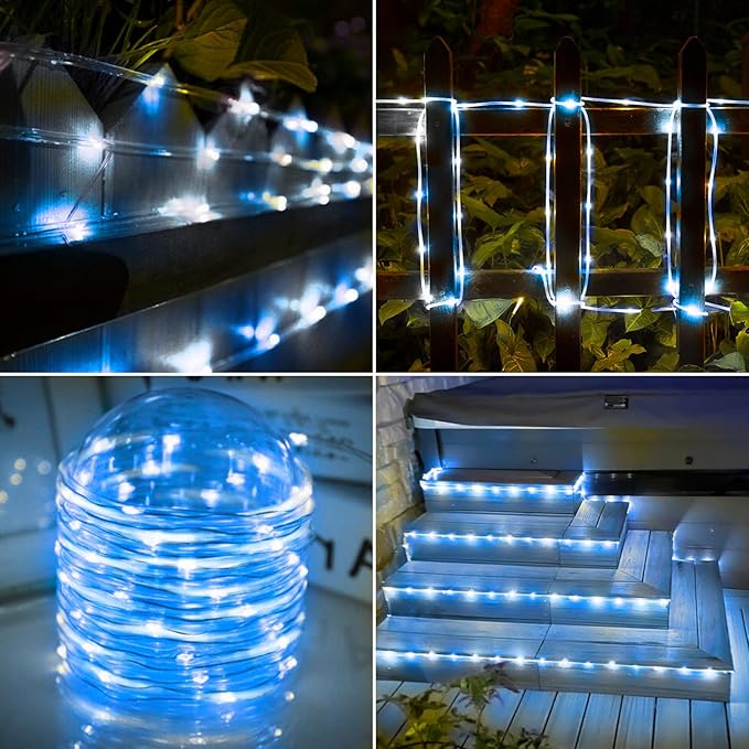 Solar Rope Lights, 33ft 100LED Solar String Lights, 8 Modes Waterproof Solar Powered Outdoor Light, Flexible Clear Tube Light for Garden Backyard Patio Deck Porch Pool Tree Christmas Decor -White&Blue