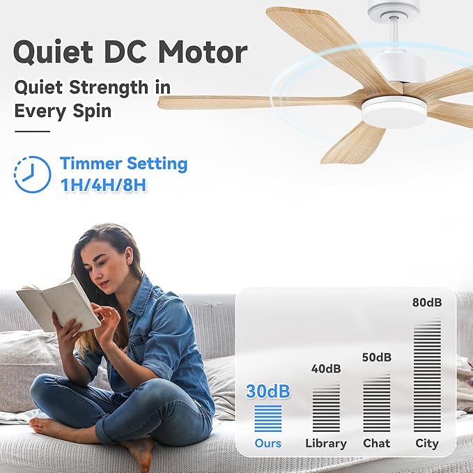 52 Inch Smart Ceiling Fan with Lights, Alexa/Google Voice Control, Quiet DC Motor, 6-Speed, Solid Wood Blades, Dimmable LED, 1-12H Timer, App & Remote Control, Modern Ceiling Fan for Bedroom, Patio