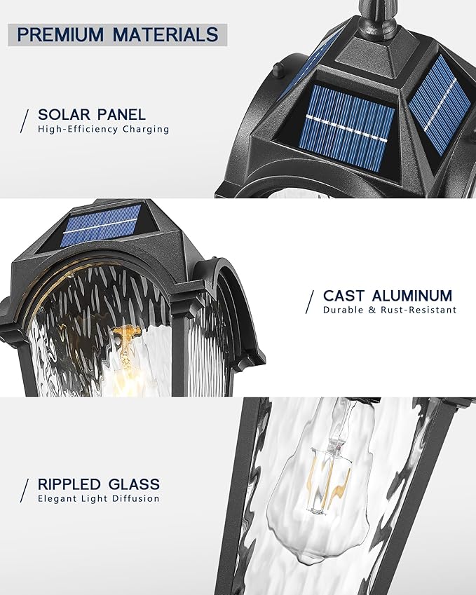 FEMILA Solar Post Lights Outdoor, 17.3" Dusk to Dawn Outdoor Post Lights Aluminum Glass Solar Post Light for Garden Patio Driveway, 4FYX90P-SL BK