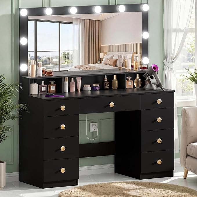 Vanity Desk with Large Lighted Mirror, Makeup Vanity with Power Outlet, 9 Drawers & Storage Shelf, Dressing Vanity Table with 3 Lighting Modes for Women, Girls, Bedroom