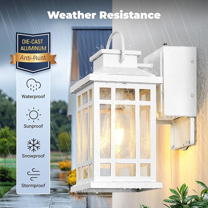 White Dusk to Dawn Outdoor Lighting with GFCI Outlet, Exterior Light Fixtures with Bubble Glass, Modern Outside Lights Wall Mount for House Patio Garage, Aluminum Waterproof Anti-Rust