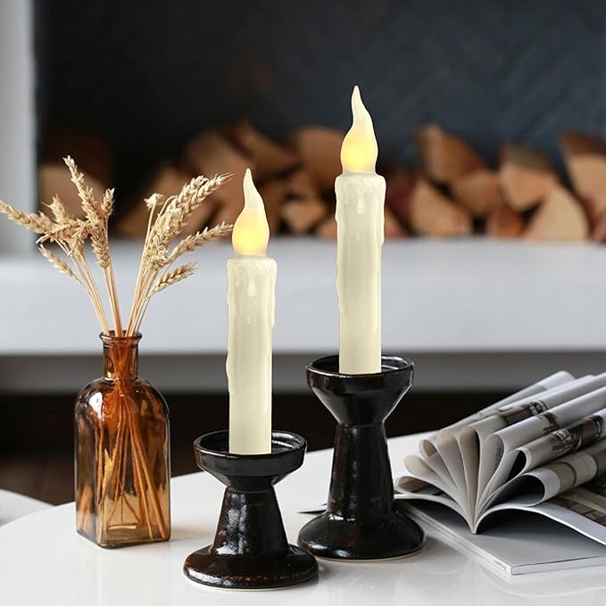Ivory White Flameless Short Taper Candles, Real Wax Hand Dipped LED Battery Operated with Remote, Flickering Flame Lights for Festival Home Décor, 6.7 Inch Primitive Flameless Candles, 4PCS