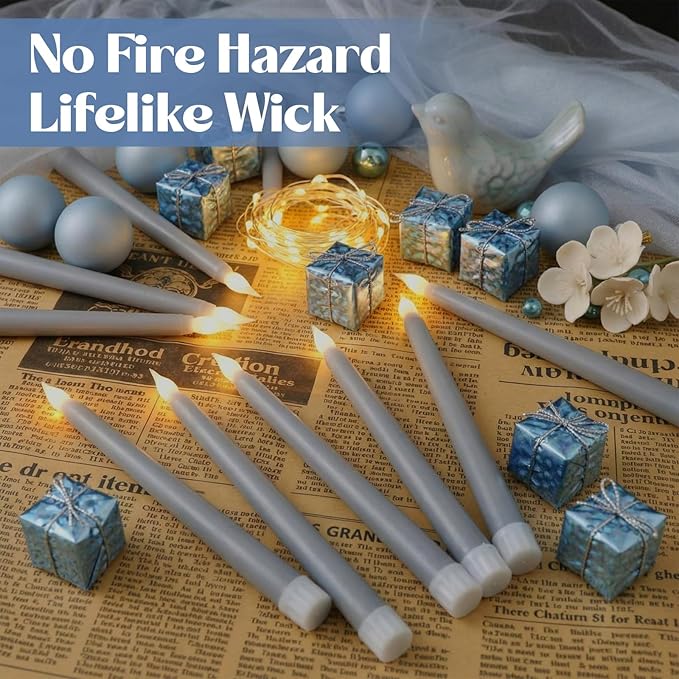 Macarrie 24 Packs Flameless Taper Candles Battery Operated Fake 11 Inch Long Candlelight LED Flameless Candlesticks Flickering Tapered for Spring Summer Wedding(Haze Blue)