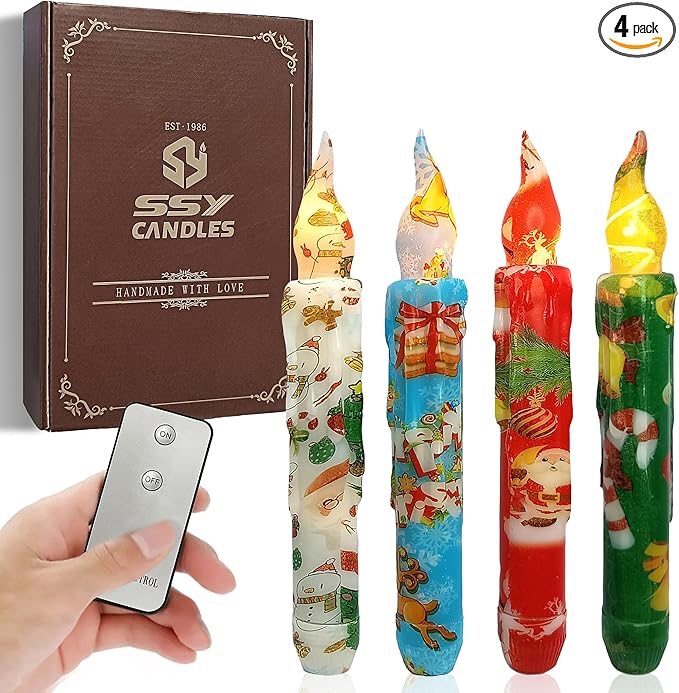 Christmas Candlesticks Flameless Taper Candle,Gedengni 4pcs Red LED Tapered Candles Remote Dipped Candle 6inch Green Battery Chandelier for Enchanting Weddings and Harry Potter Inspired Vigils(CHMAS)