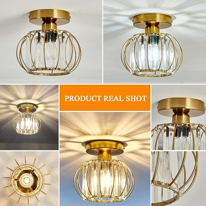 YYJLX Crystal Semi Flush Mount Ceiling Light Fixture E26 Mini Antique Gold Chandelier Small Ceiling Lamp for Entryway Bedroom Bathroom Hallway Closet Foyer