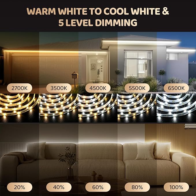 HOUHUI Outdoor White LED Strip Lights Waterproof, 65.6Ft 2700K-6500K Warm to Cool White LED Light Strip with Remote, Tunable White LED Tape Lights IP67 Waterproof for Bedroom Kitchen Backyard RV Patio