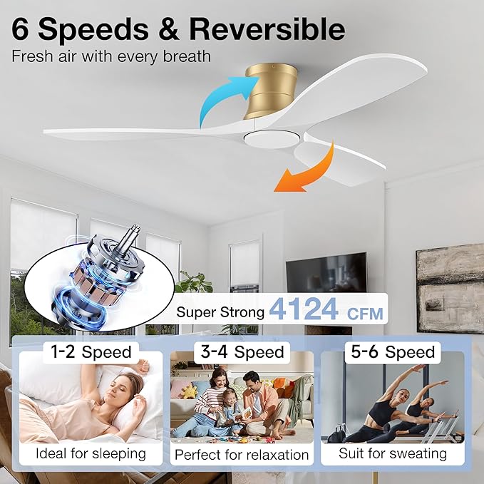 52inch Wood Ceiling Fans with Lights and Remote,Low Profile Modern Ceiling Fan with Light,Outdoor Indoor Flush Mount Ceiling fan,for Bedroom Living room Patio,White Gold,3 Blades,Reversible,Quiet