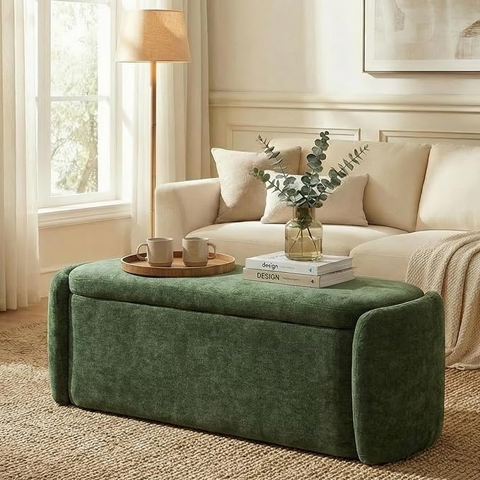 VKNOW 46" Oval Storage Ottoman Bench, Upholstered End of Bed Bench Ottomans Bench Foot Rest, Sherpa Storage Bench for Bedroom, Living Room and Hallway, Green
