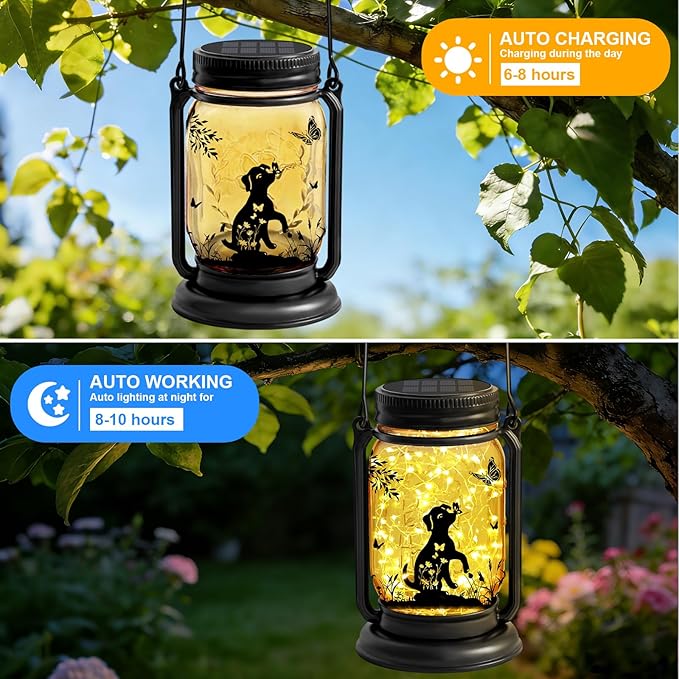 Solar Dog Butterfly Lanterns Outdoor Waterproof - Dog Lover Gifts for Women Mom Grandmom Birthday Mothers Day, LED Hanging Mason Jar Fairy Lights for Garden Yard Patio Decor