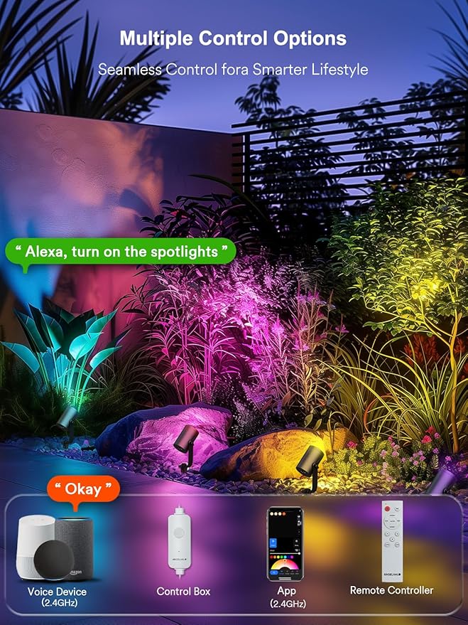 ANGELHALO Smart Landscape Spotlights, 4 Pack RGBW Pathway Lights, 2000LM Dimmable, IP65 Waterproof, Compatible with Alexa, Outdoor Decoration