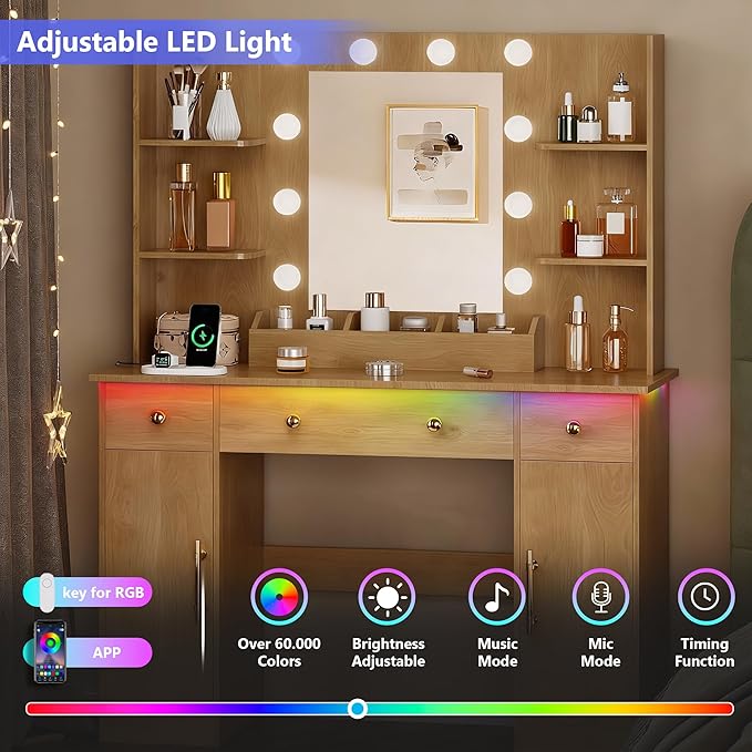 Vanity Desk with Mirror and Lights, Makeup Vanity with Mirror and LED Lights & Power Outlet, 3 Drawers and Cabinets, 3 Lighting Modes Dressing Table Set for Girls Women Bedroom,Oak