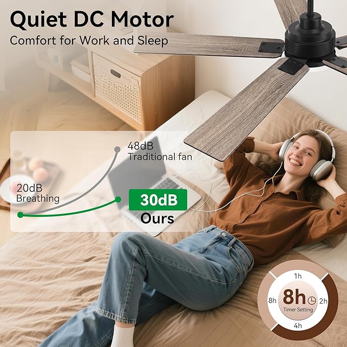 52 Inch Ceiling Fans with Lights,Smart Ceiling Fan with Light and Remote Control,Alexa,APP,WIFI,Black Indoor Outdoor Ceiling Fans for Bedroom,Patio,Porch,5 Blades,Dimmable LED,6 Speed,Quiet DC Motor