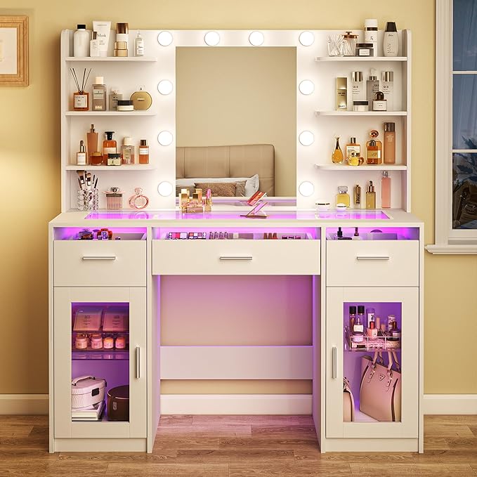 Vanity Desk, Makeup Vanity Desk with Mirror and Lights 3 Colors, Transparent Top with 3 RGB Drawers, 6 Shelves, 2 Large Tempered Cabinets, Power Outlet, for Bedroom, White