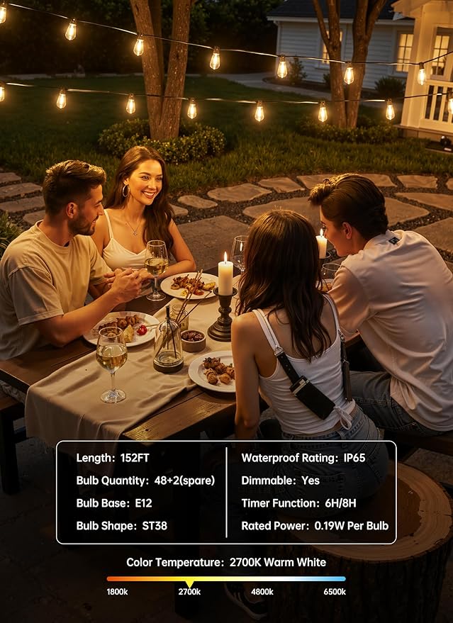 Minetom 152FT Outdoor String Lights with Remote, 48+2 Shatterproof ST38 LED Bulbs, Waterproof Patio Lights with 3 Modes, Dimmable & Connectable 2700K Hanging Lights for Backyard Porch Deck Balcony